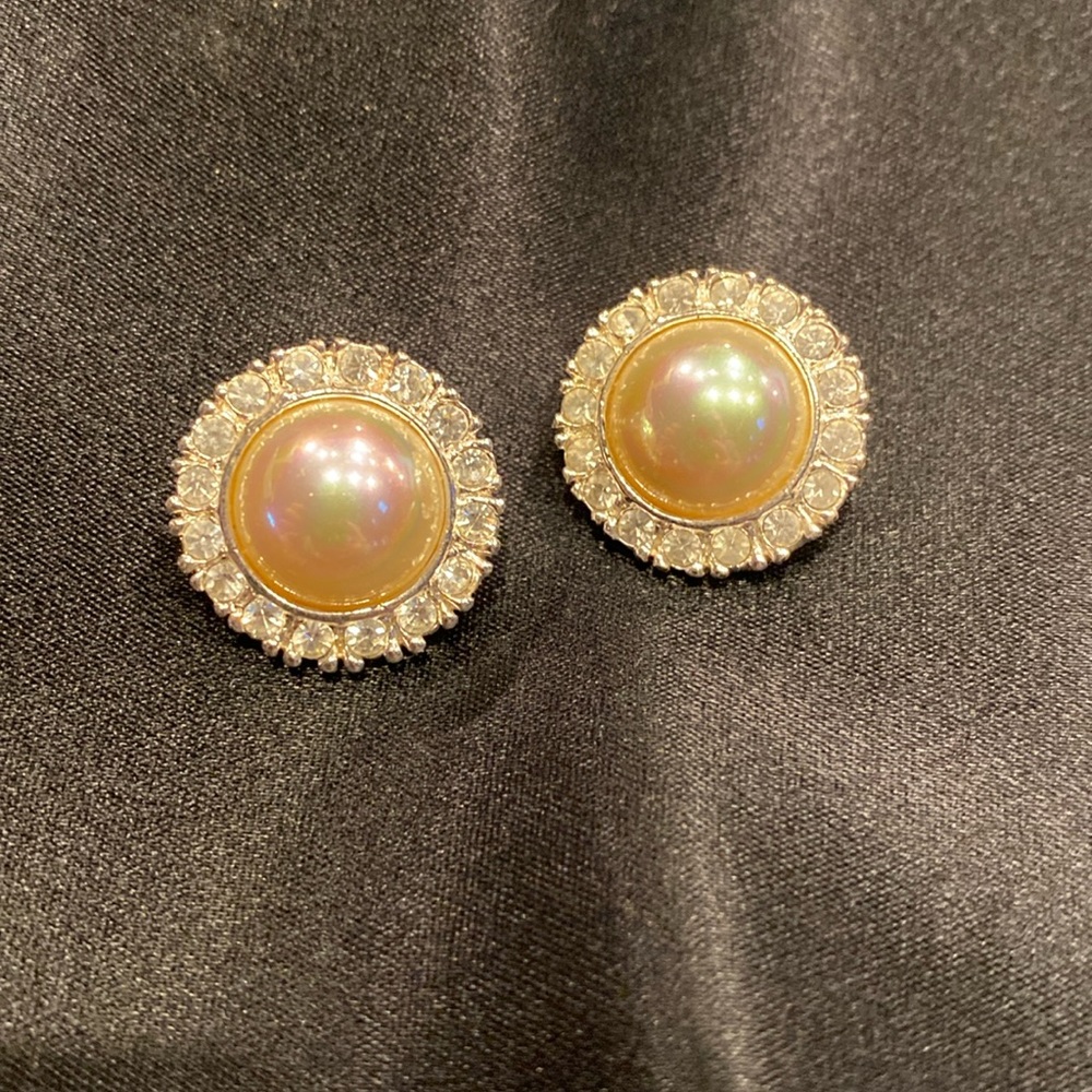 Clip on pearl and rhinestone earrings